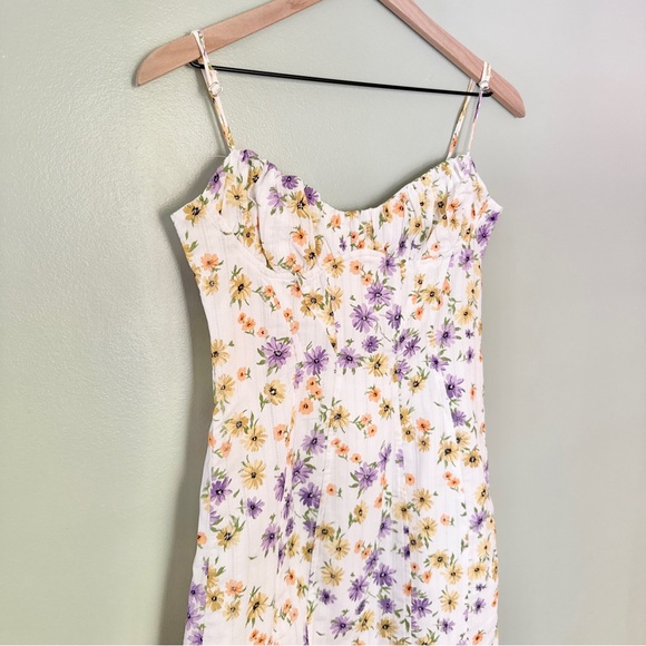 Zara Floral‎ Sweetheart Neckline Mini Dress White Purple Yellow Size Small - Picture 6 of 10